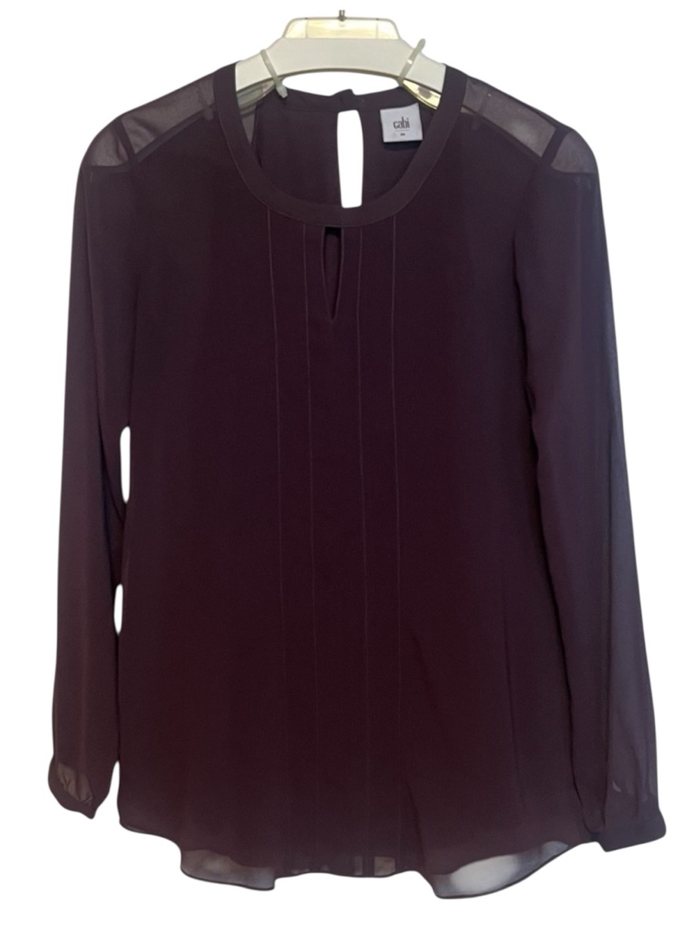 Cabi Plum Pleated Front Blouse Sheer Yoke Long Sleeve Top Size XS